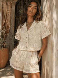 JUST ME WOMEN'S SHORT SLEEVE BLOUSE & ELASTIC WAIST MINI SHORTS CROCHET 2PC. SET