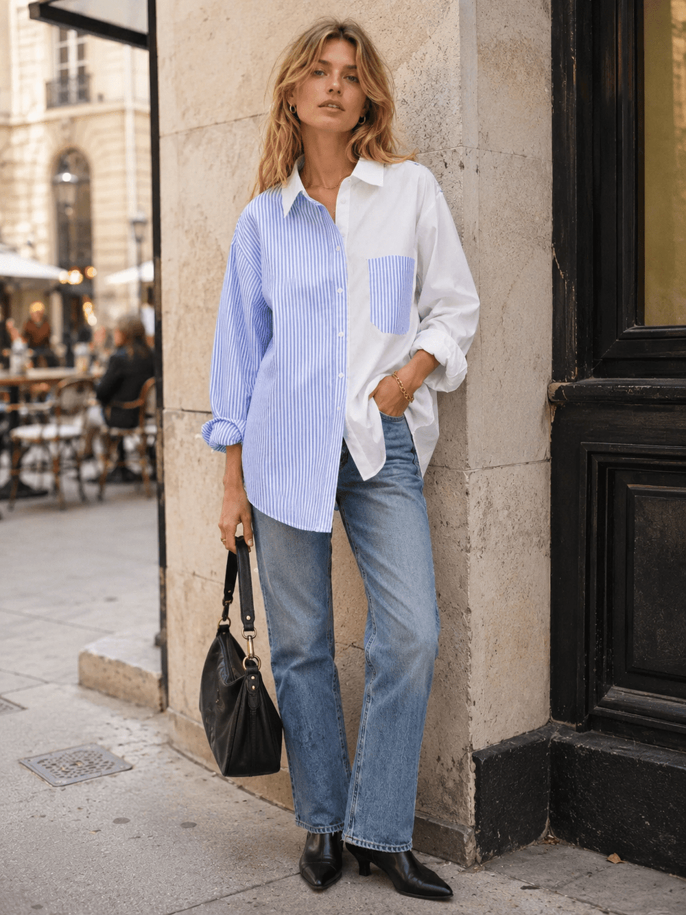 WOMEN'S LONG SLEEVE BUTTON UP FRONT POCKET HIGH-LOW COLORBLOCK STRIPES OVERSIZED SHIRT