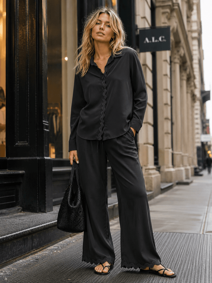 WOMEN'S LONG SLEEVE TOP & BUTTON CLOSURE PANTS TRIM DETAILED 2PC. SET