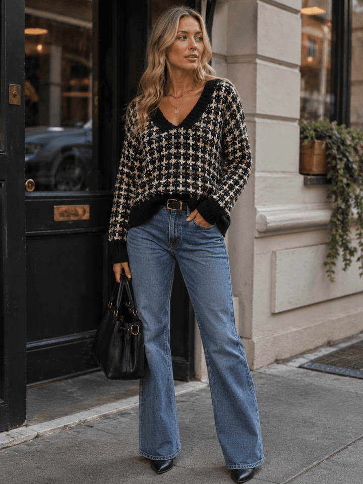 WOMEN'S LONG SLEEVE V-NECK MULTI TWEED PULLOVER SWEATER