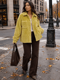 WOMEN'S LONG SLEEVE BUTTON CLOSURE FRONT POCKETS RIBBED SHERPA JACKET