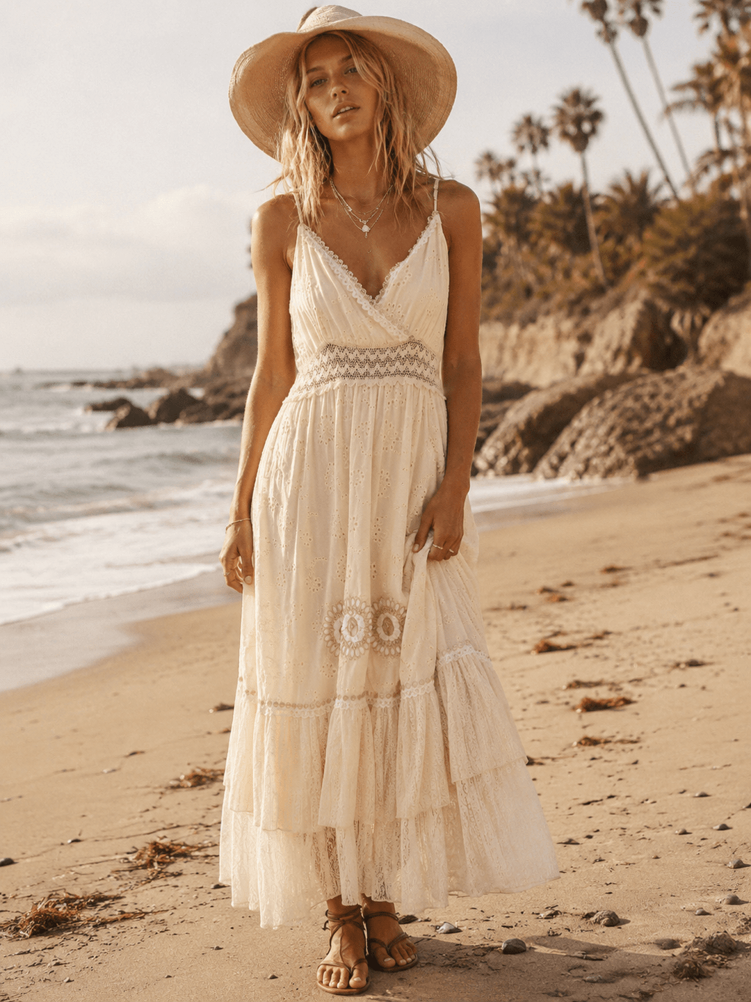 WOMEN'S SLEEVELESS SURPLICE TIERED CROCHET EYELET FLOWERS MAXI DRESS