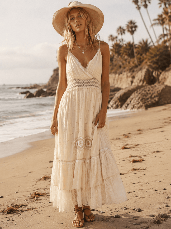 WOMEN'S SLEEVELESS SURPLICE TIERED CROCHET EYELET FLOWERS MAXI DRESS