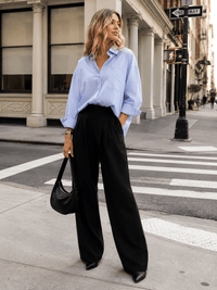 WOMEN'S LONG SLEEVE BUTTON UP FRONT POCKETS OVERSIZED STRIPES SHIRT