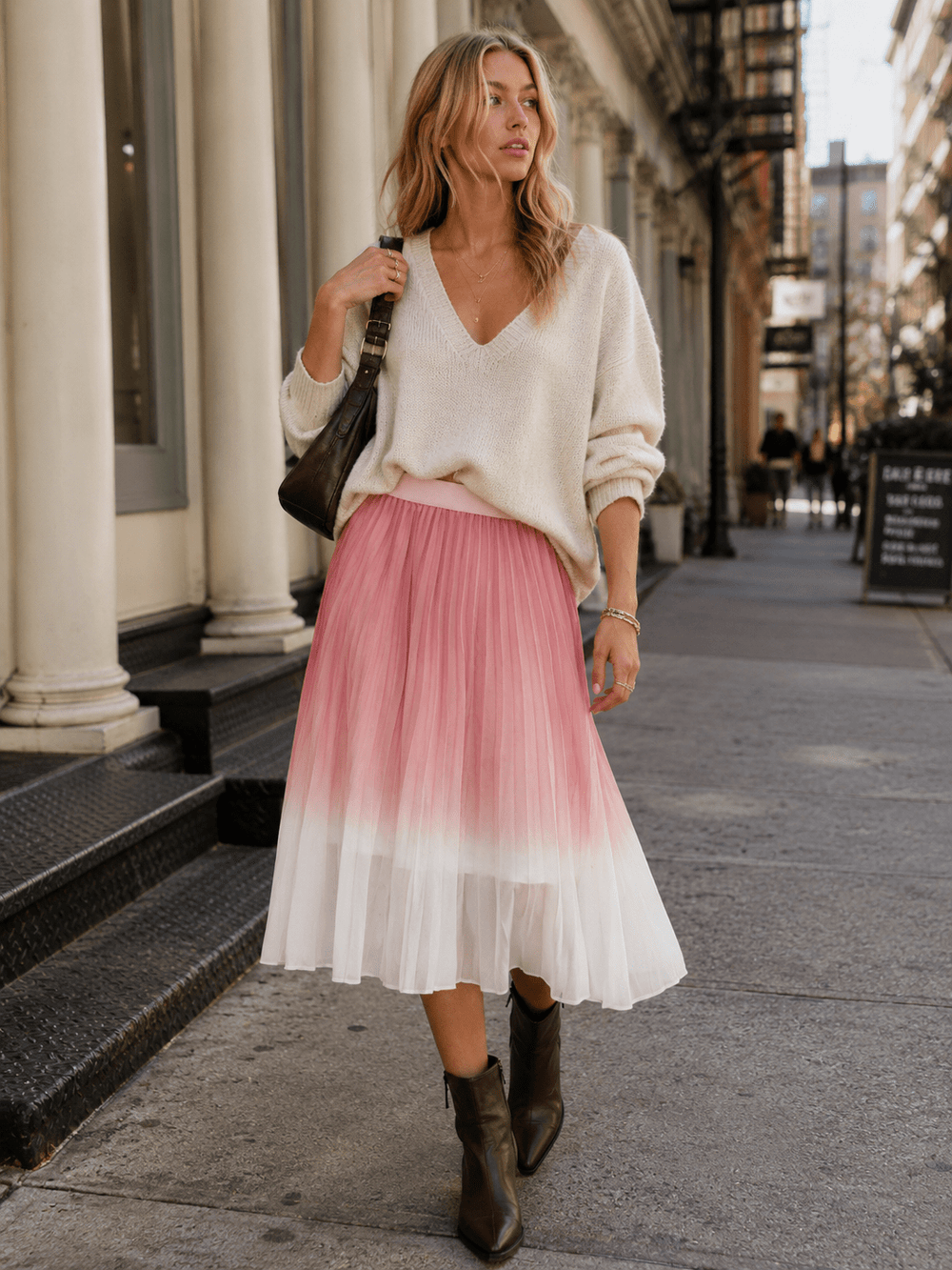 WOMEN'S ELASTIC WAIST PLEATED COLORBLOCK MAXI SKIRT