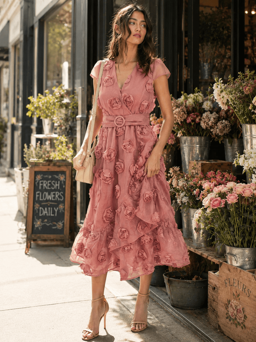 JUST ME WOMEN'S SHORT SLEEVE SURPLICE FRONT BELT FLORAL MAXI DRESS