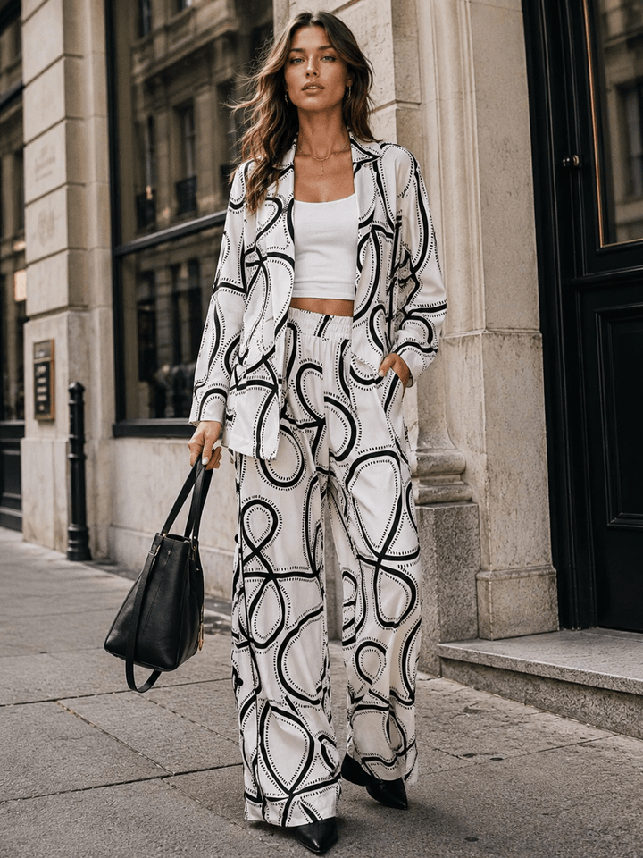 WOMEN'S LONG SLEEVE BLAZER & ELASTIC WAIST WIDE LEG PANTS MULTI PRINT 2PC. SET