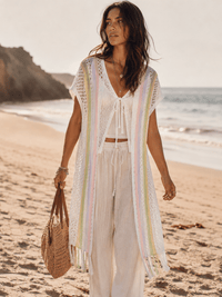 WOMEN'S SHORT SLEEVE FRONT TIE MULTI FRINGE KNIT KIMONO