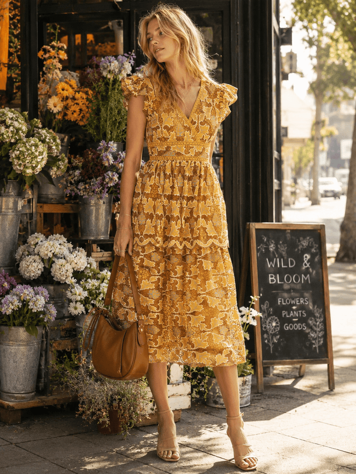 JUST ME WOMEN'S RUFFLE SLEEVE V-NECK OPEN BACK CROCHET TIERED MAXI DRESS