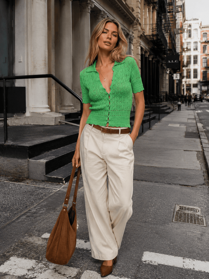 WOMEN'S SHORT SLEEVE BUTTON UP KNITTED BLOUSE
