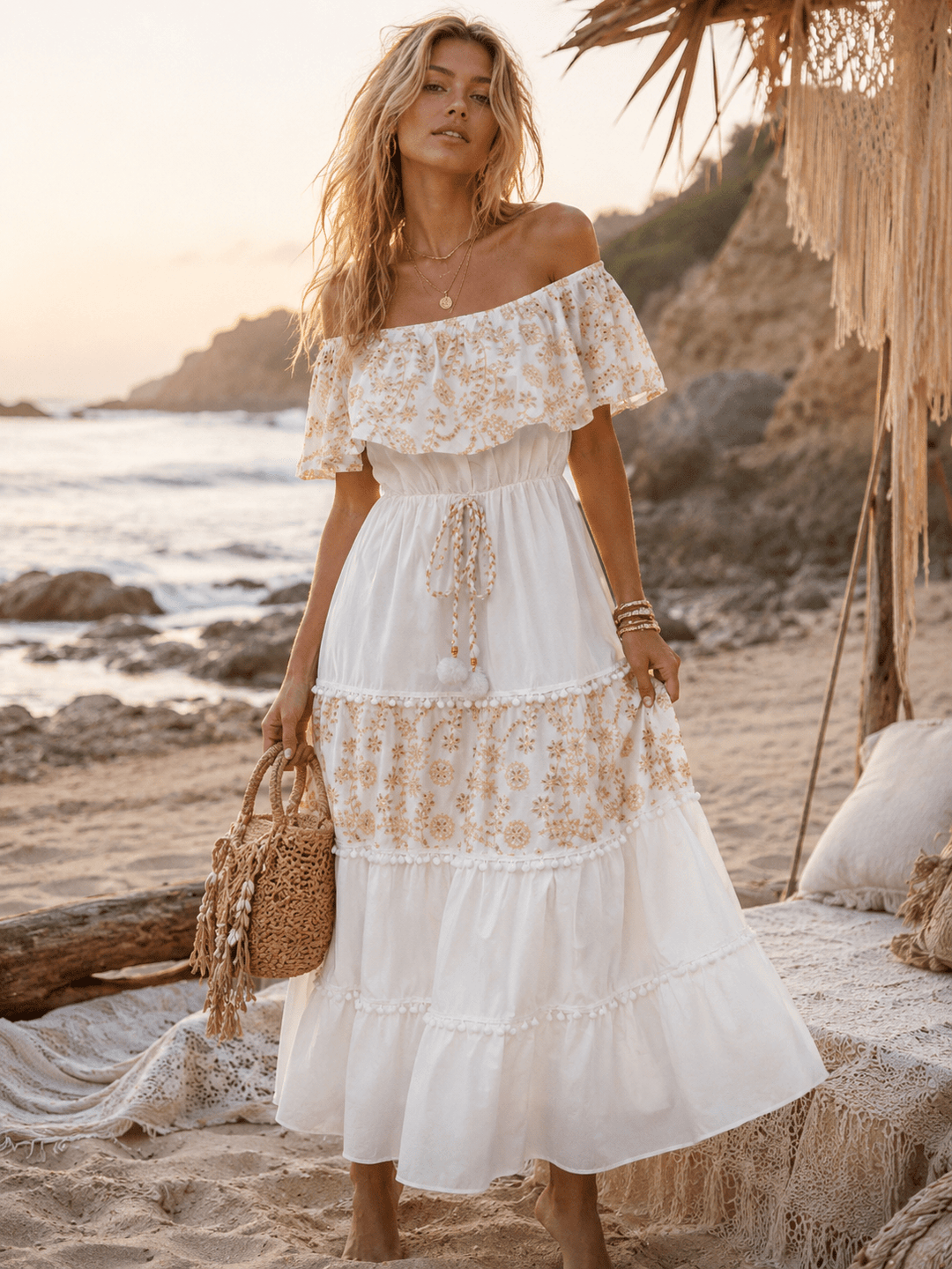 WOMEN'S OFF SHOULDER RUFFLE ELASTIC WAIST TIERED CROCHET EYELET MAXI DRESS