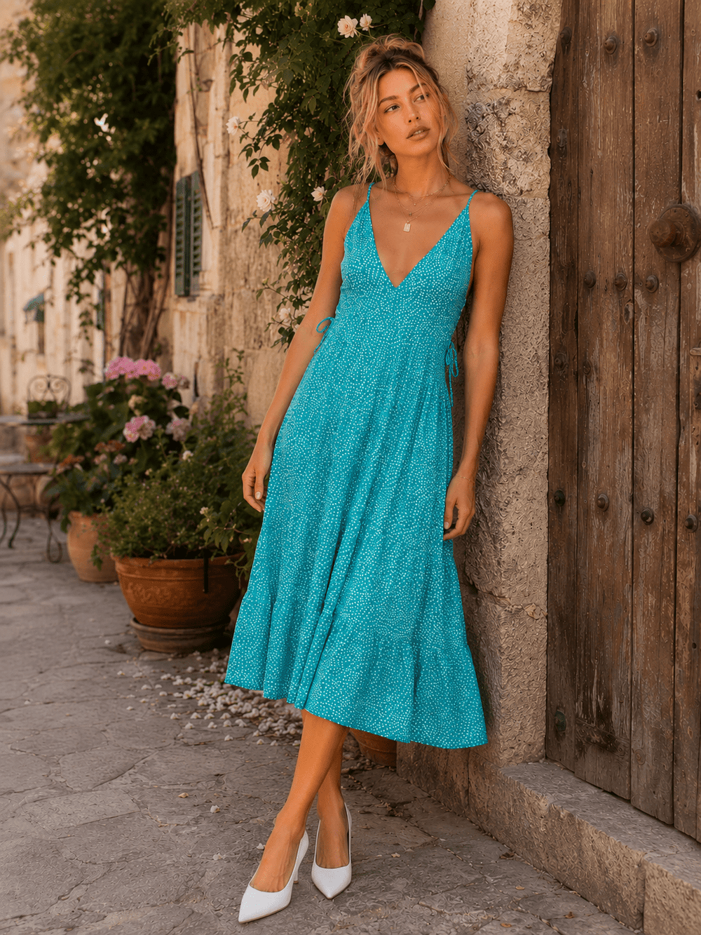 WOMEN'S SLEEVELESS V-NECK TIERED POLKA DOTS MIDI DRESS