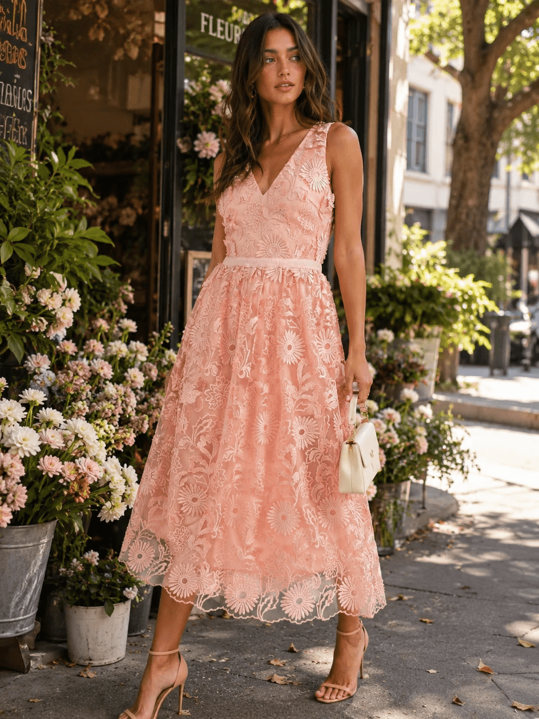 JUST ME WOMEN'S SLEEVELESS V-NECK FLORAL CROCHET MAXI DRESS