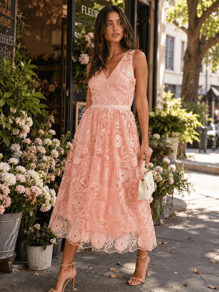 JUST ME WOMEN'S SLEEVELESS V-NECK FLORAL CROCHET MAXI DRESS