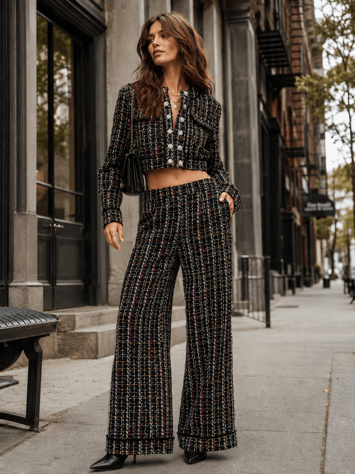 WOMEN'S LONG SLEEVE BLAZER & BUTTON CLOSURE WIDE LEG PANTS MULTI TWEED 2PC. SET