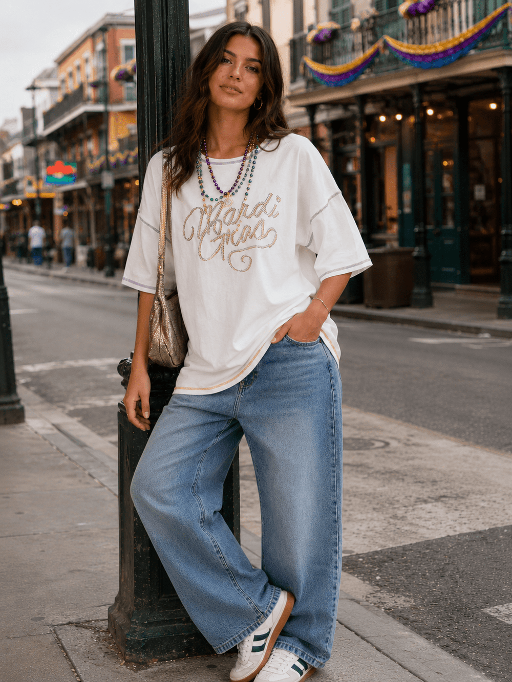 WOMEN'S SHORT SLEEVE MARDI GRAS OVERSIZED TOP
