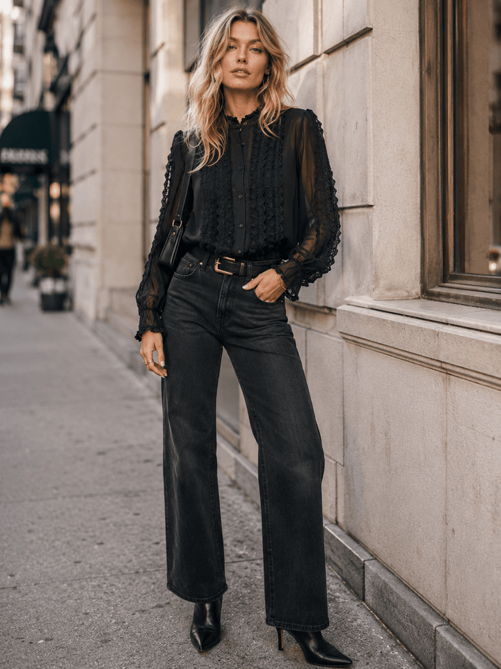 WOMEN'S LONG SLEEVE V-NECK BUTTON UP EMBROIDERY DETAILED BLOUSE