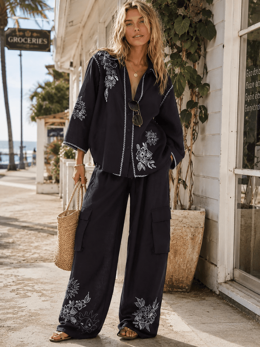 WOMEN'S LONG SLEEVE BUTTON UP TOP & ELASTIC WAIST WIDE LEG PANTS MULTI PRINT 2PC. SET