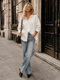 WOMEN'S LONG SLEEVE BUTTON UP FRONT POCKETS OVERSIZED STRIPES SHIRT
