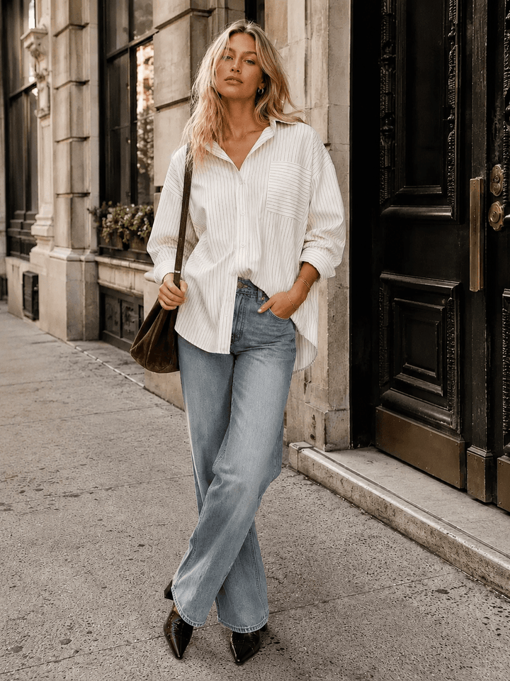 WOMEN'S LONG SLEEVE BUTTON UP FRONT POCKETS OVERSIZED STRIPES SHIRT