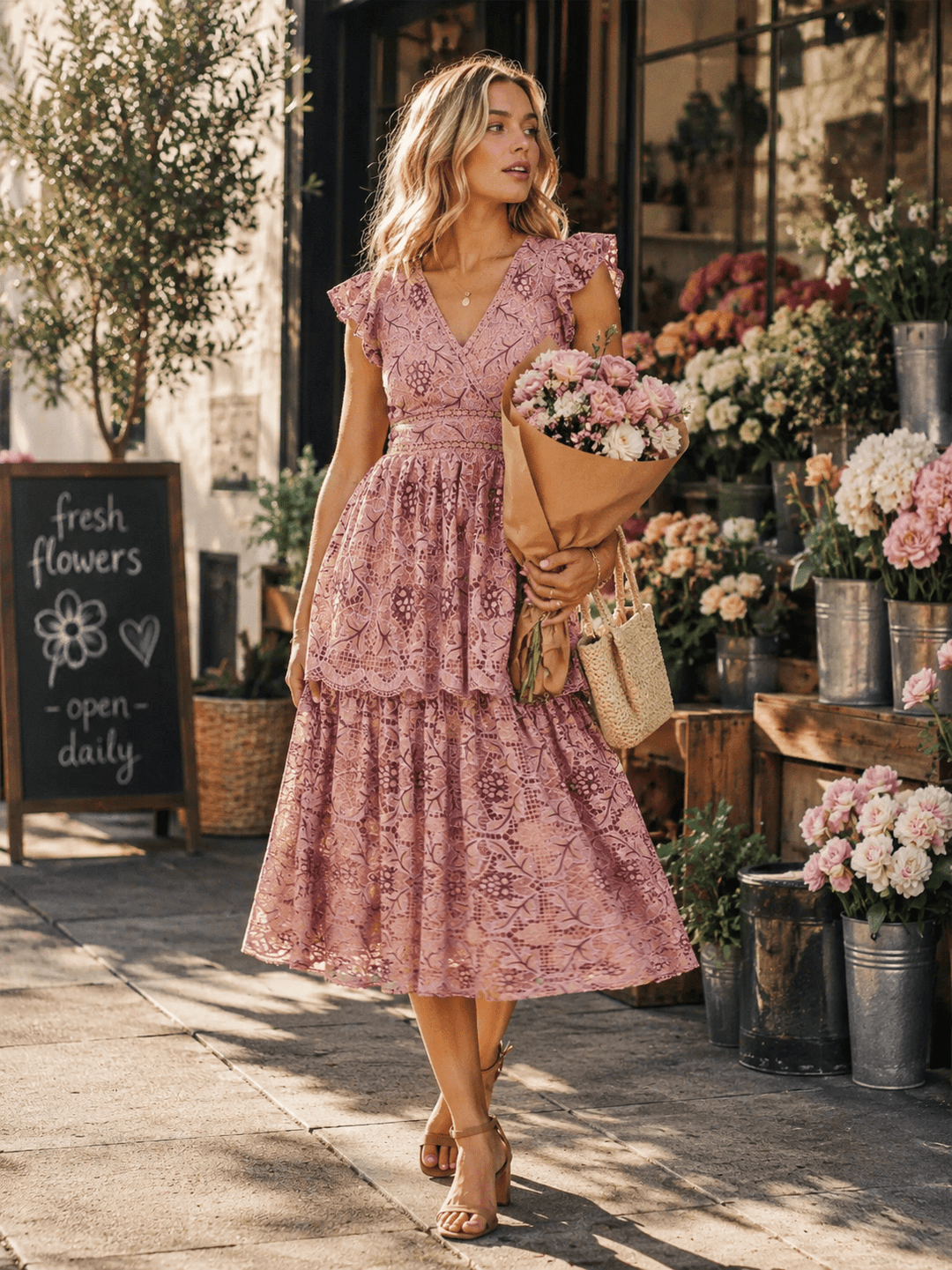 JUST ME WOMEN'S RUFFLE SLEEVE V-NECK OPEN BACK CROCHET TIERED MAXI DRESS