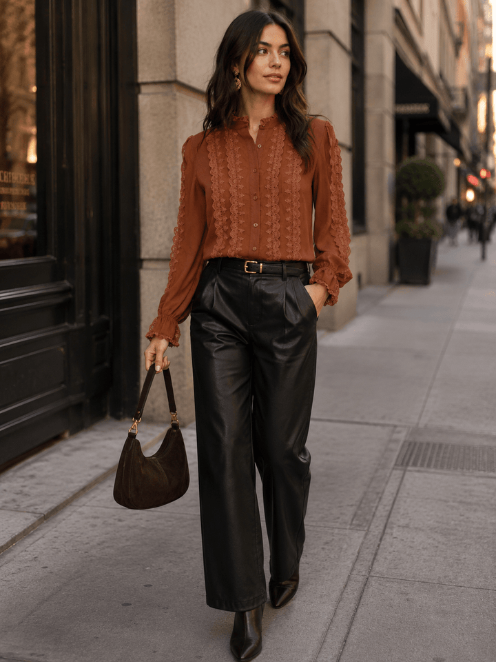 WOMEN'S LONG SLEEVE V-NECK BUTTON UP EMBROIDERY DETAILED BLOUSE