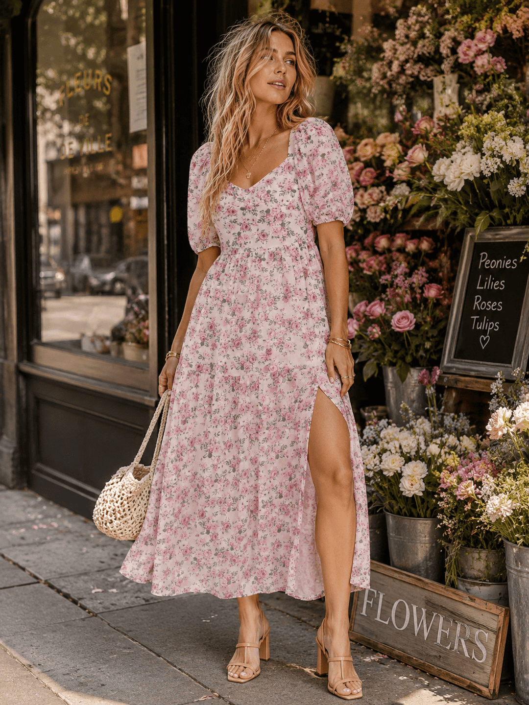 WOMEN'S SHORT SLEEVE V-NECK FRONT SLIT FLORAL PRINT SMOCK MAXI DRESS