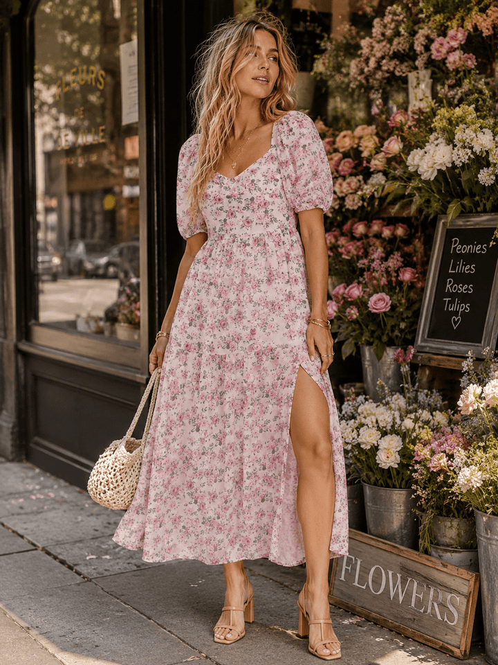 WOMEN'S SHORT SLEEVE V-NECK FRONT SLIT FLORAL PRINT SMOCK MAXI DRESS