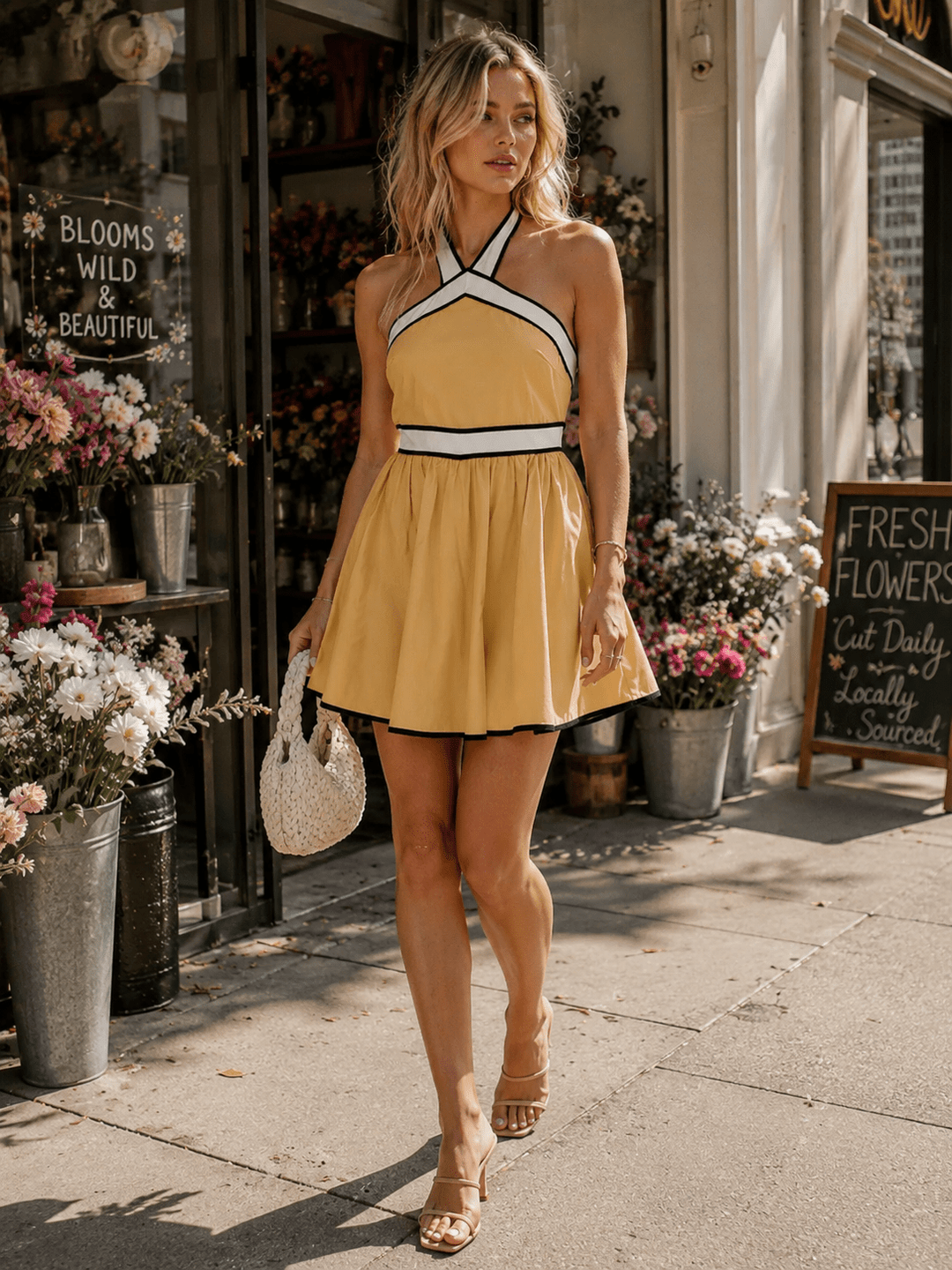 WOMEN'S SLEEVELESS HALTER NECK OPEN BACK FRONT POCKET FIT & FLARE MINI DRESS