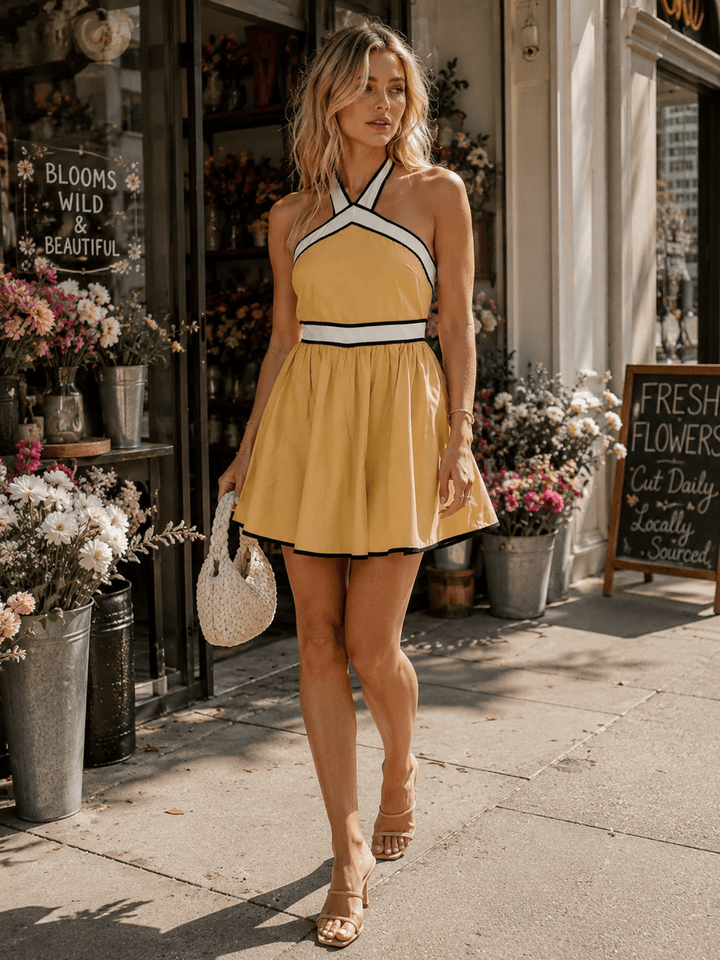 WOMEN'S SLEEVELESS HALTER NECK OPEN BACK FRONT POCKET FIT & FLARE MINI DRESS