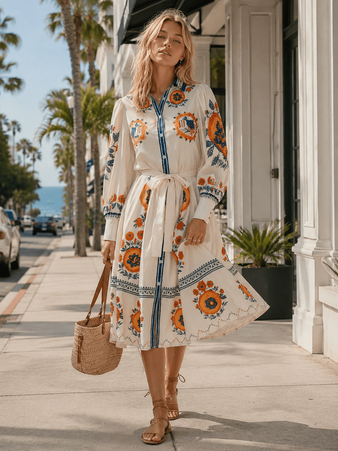 WOMEN'S LONG SLEEVE BUTTON UP SELF TIE FLORAL MIDI DRESS