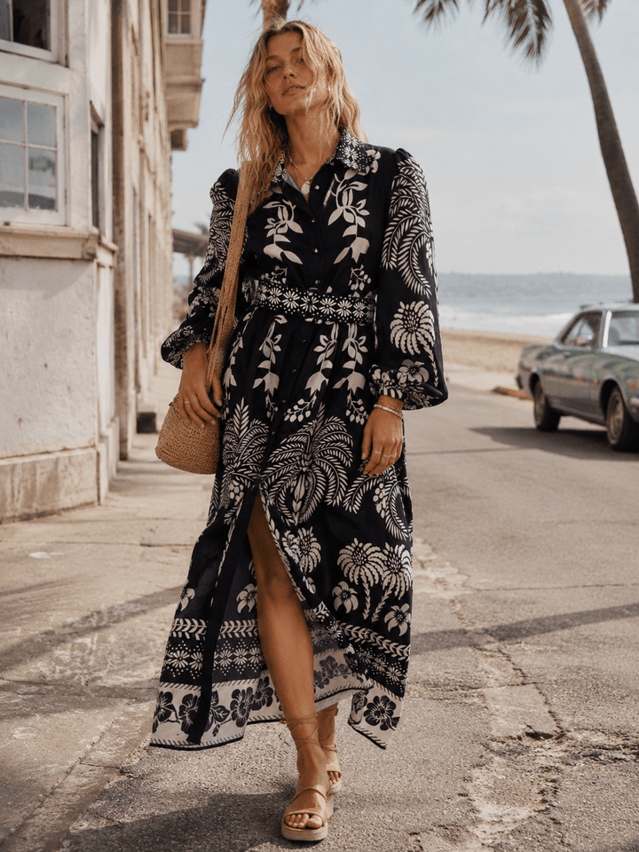 WOMEN'S LONG SLEEVE V-NECK BUTTON UP BELTED FLORAL PRINT MAXI DRESS