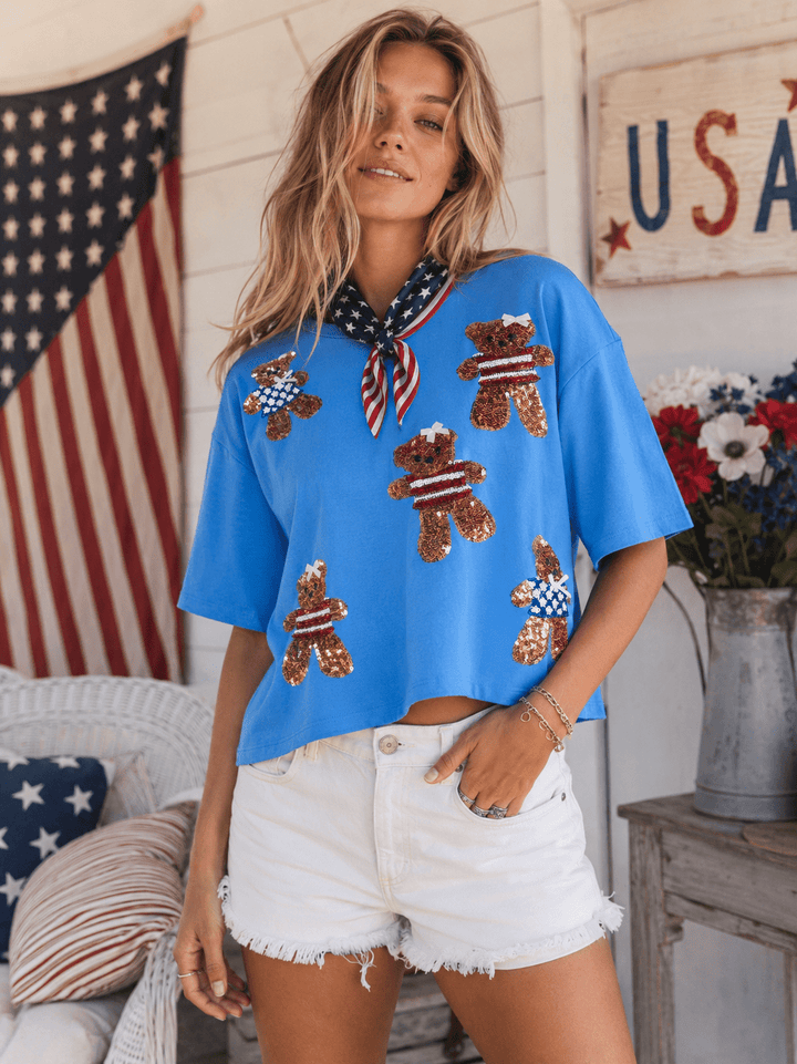WOMEN'S SHORT SLEEVE SEQUINS GRAPHIC TOP