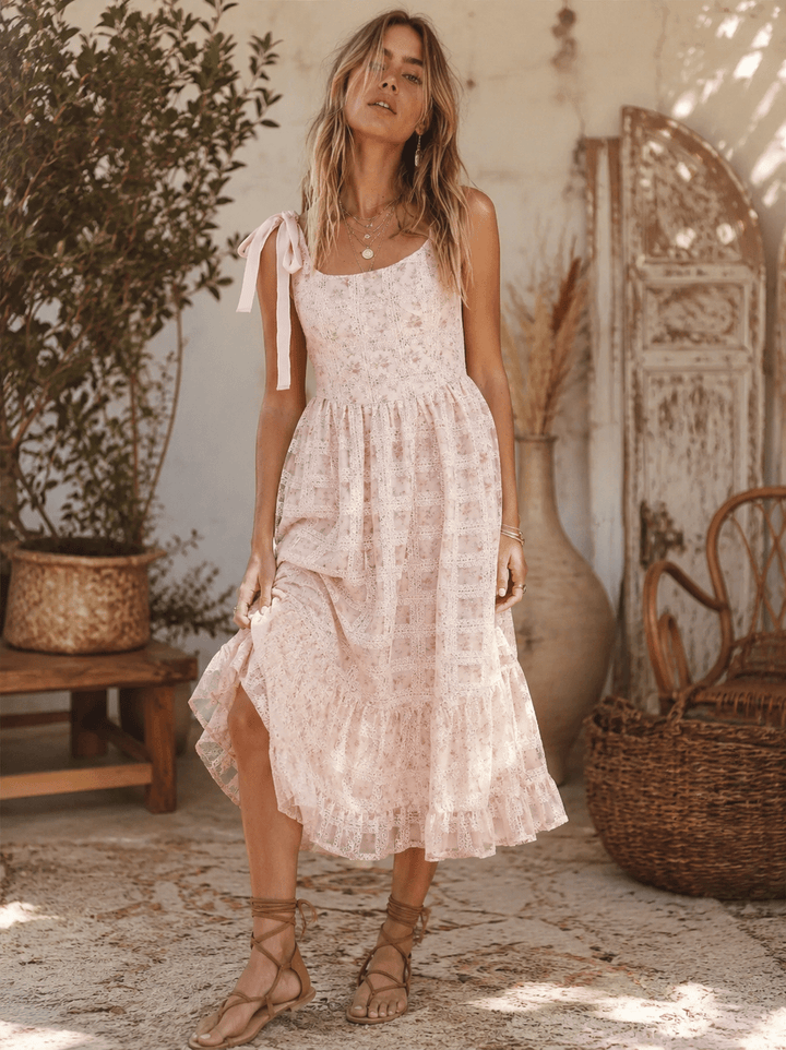 JUST ME WOMEN'S SLEEVELESS SQUARE NECK LACE CROCHET MAXI DRESS –