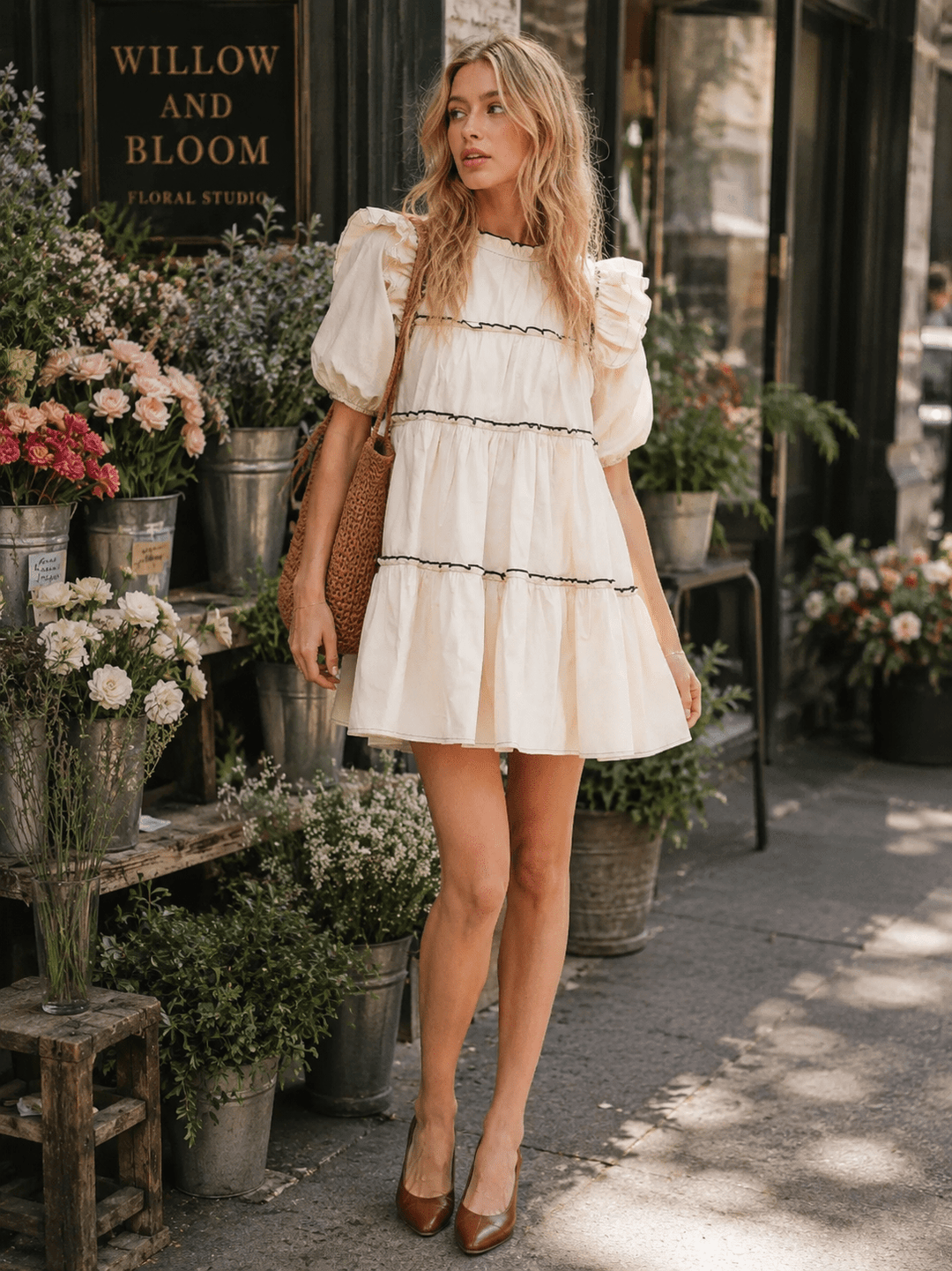 WOMEN'S SHORT PUFF SLEEVE TIERED TUNIC MINI DRESS