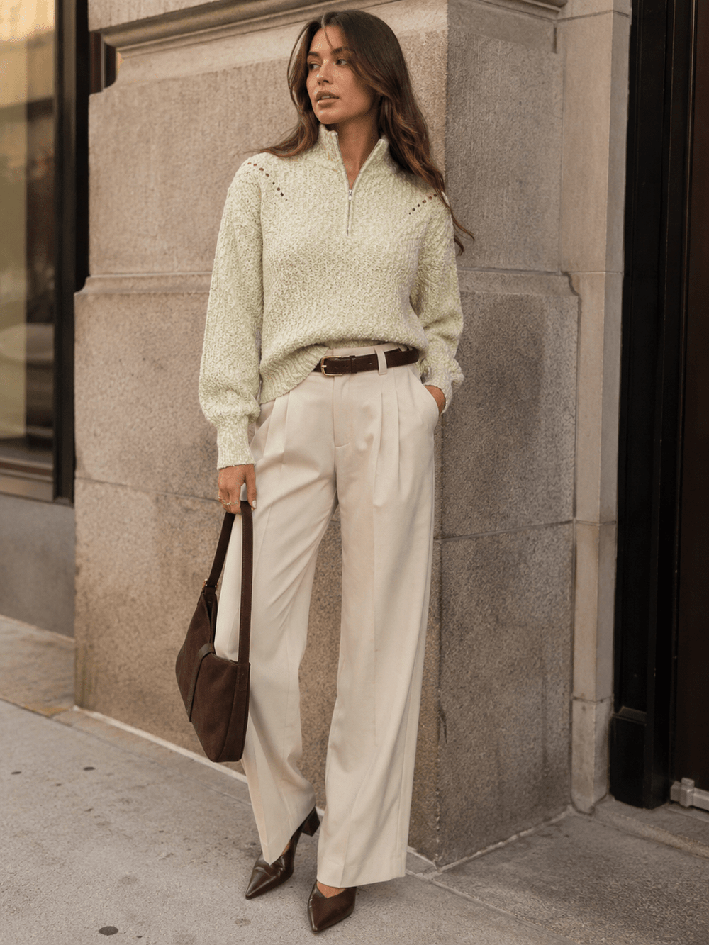 WOMEN'S LONG SLEEVE ZIP UP KNIT PULLOVER SWEATER