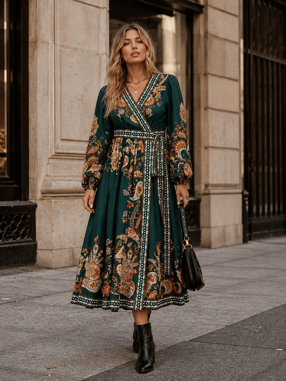 WOMEN'S LONG SLEEVE V-NECK WRAP SELF TIE MULTI PRINT MAXI DRESS