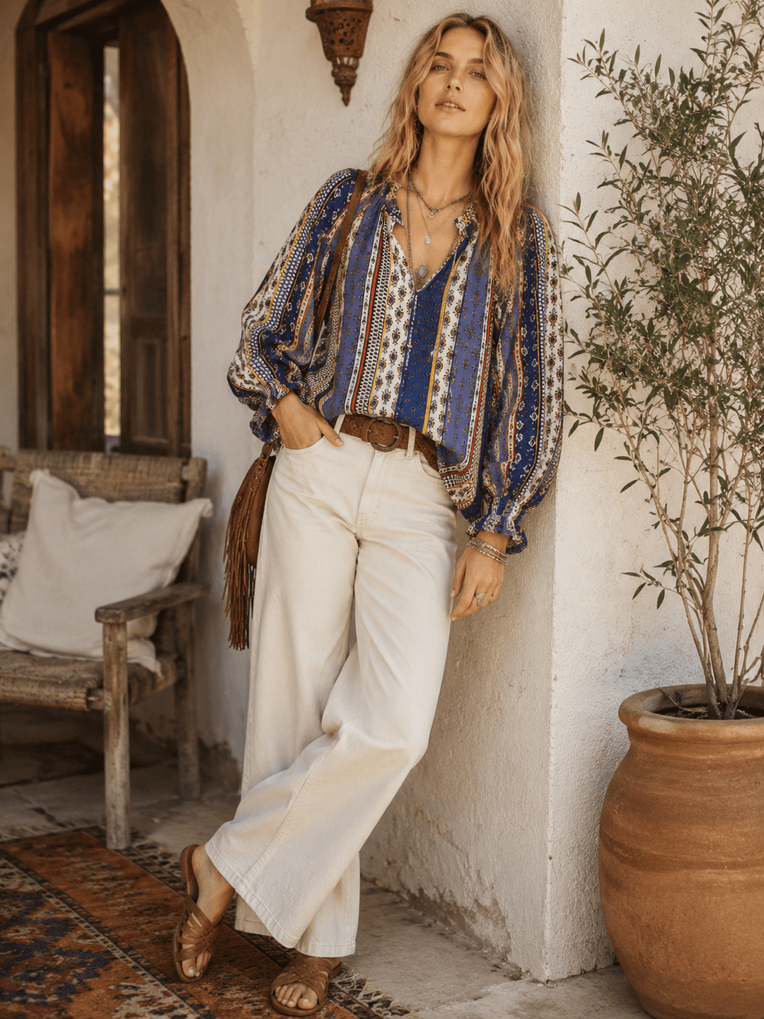 WOMEN'S LONG SLEEVE BUTTON UP V-NECK MULTI PRINT BLOUSE