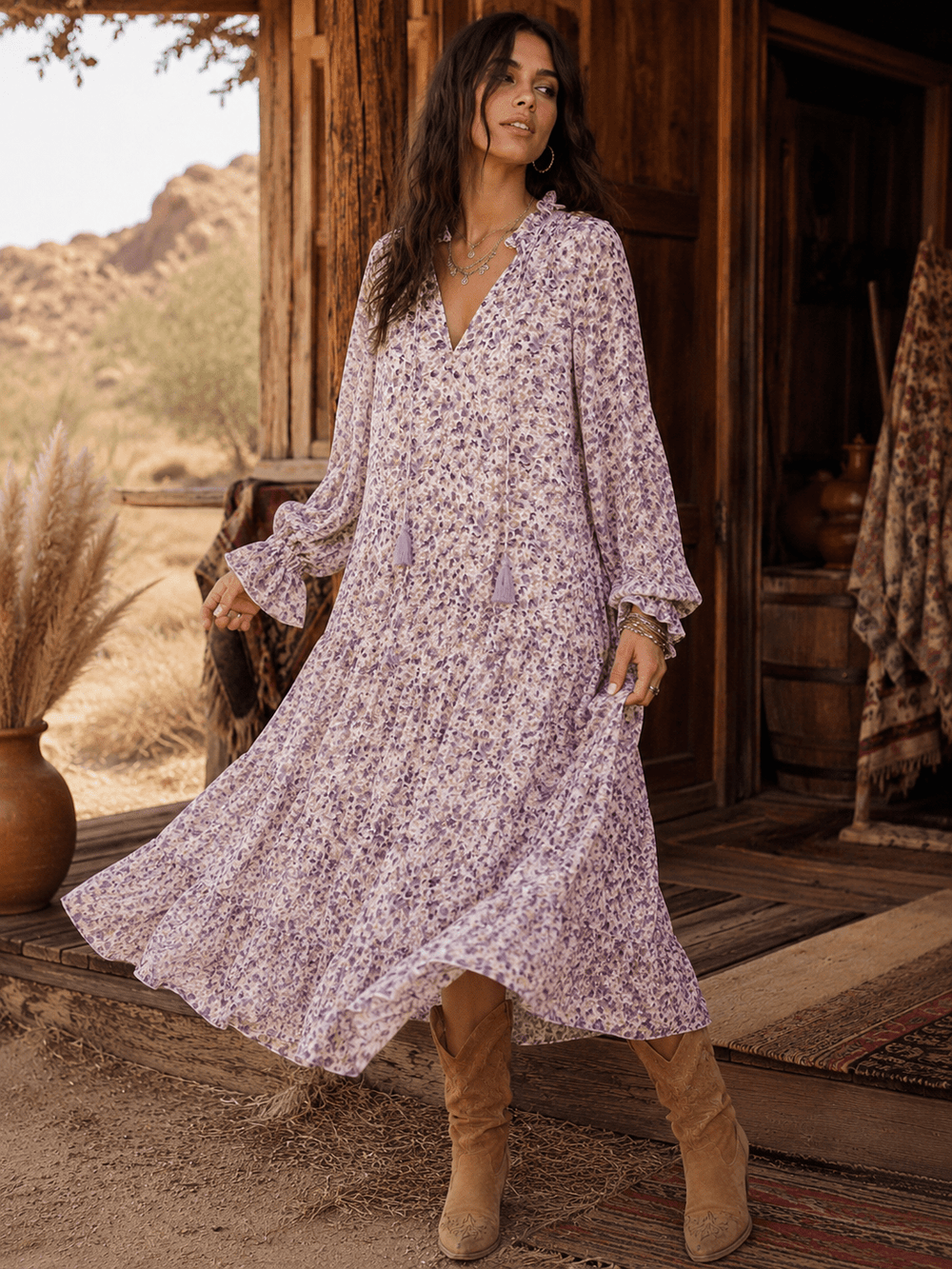 WOMEN'S LONG SLEEVE V-NECK FLORALLOOSE FIT MAXI DRESS