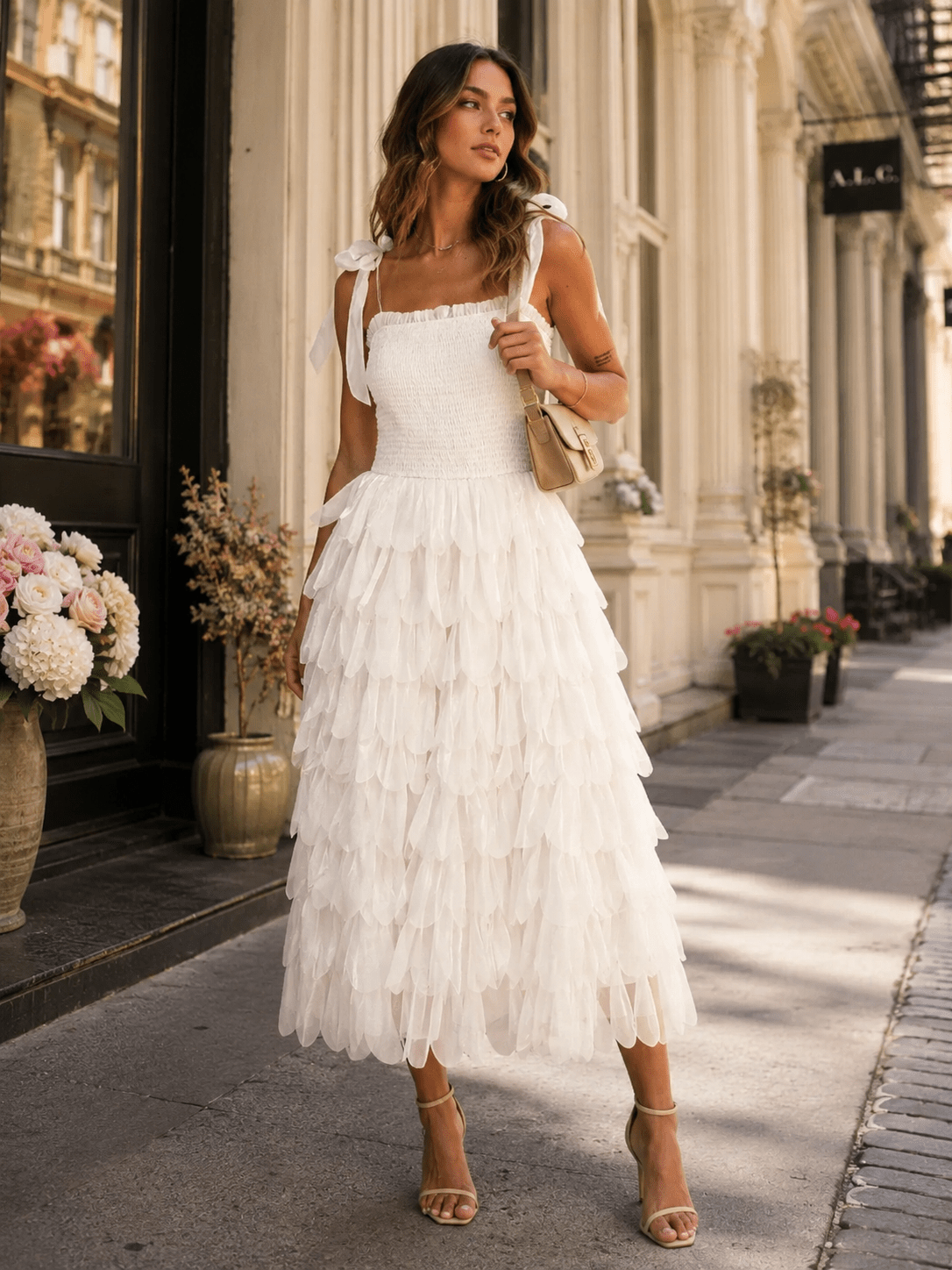 JUST ME WOMEN'S SLEEVELESS SMOCK RUFFLE TIERED MAXI DRESS