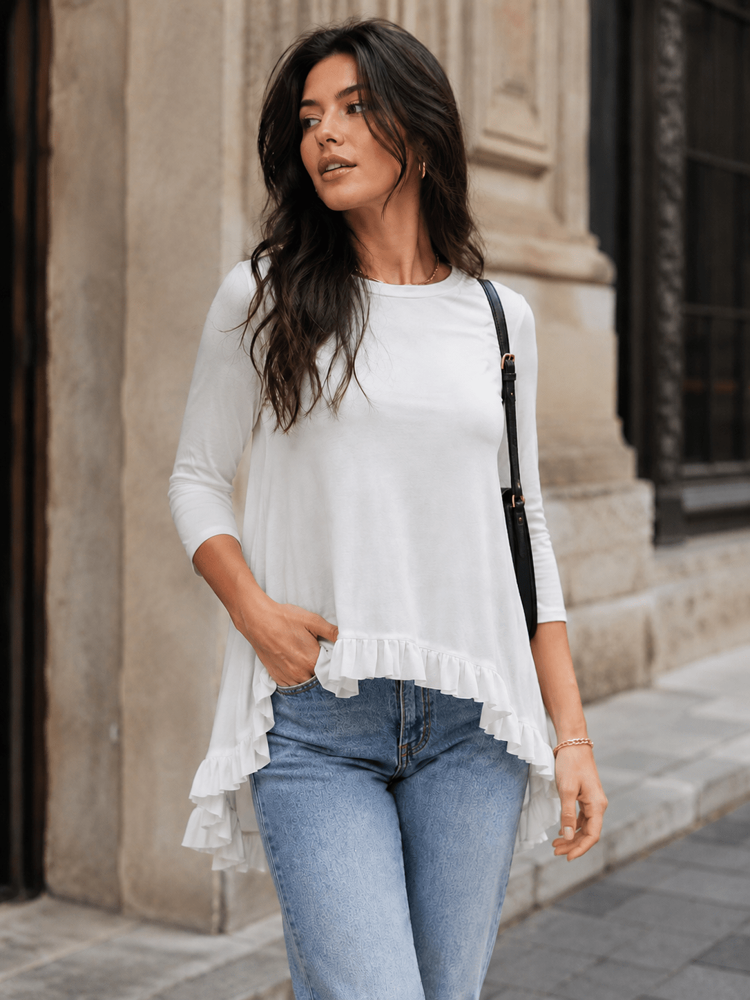 WOMEN'S SHORT SLEEVES RUFFLE BOTTOM HEM TUNIC HIGH-LOW TOP