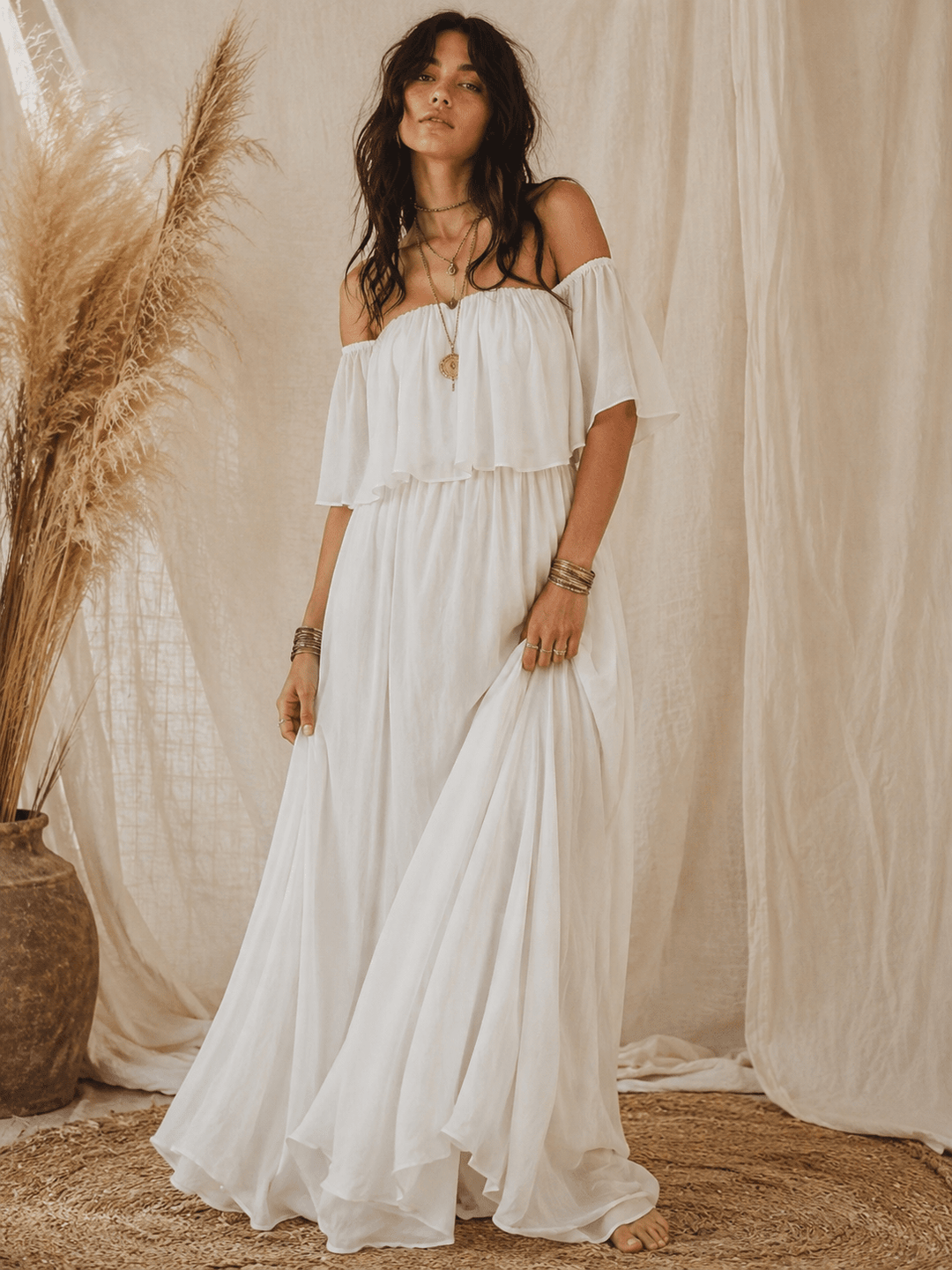 WOMEN'S SHORT SLEEVE OFF SHOULDER ELASTIC WAIST MAXI DRESS