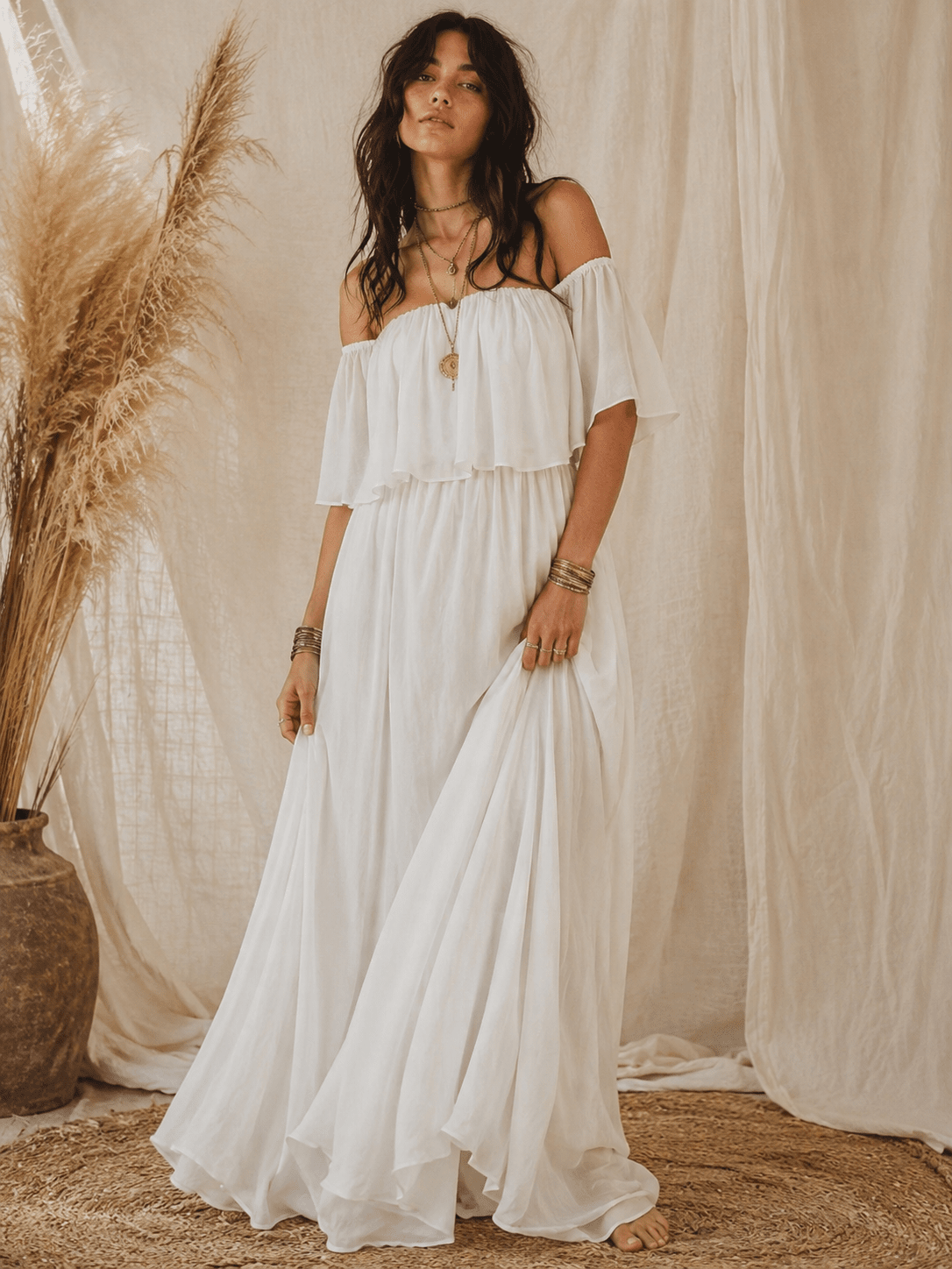 WOMEN'S SHORT SLEEVE OFF SHOULDER ELASTIC WAIST MAXI DRESS
