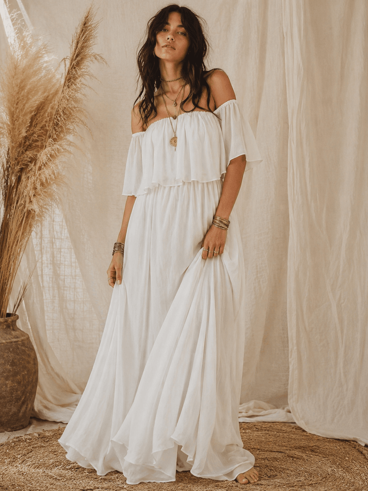 WOMEN'S SHORT SLEEVE OFF SHOULDER ELASTIC WAIST MAXI DRESS