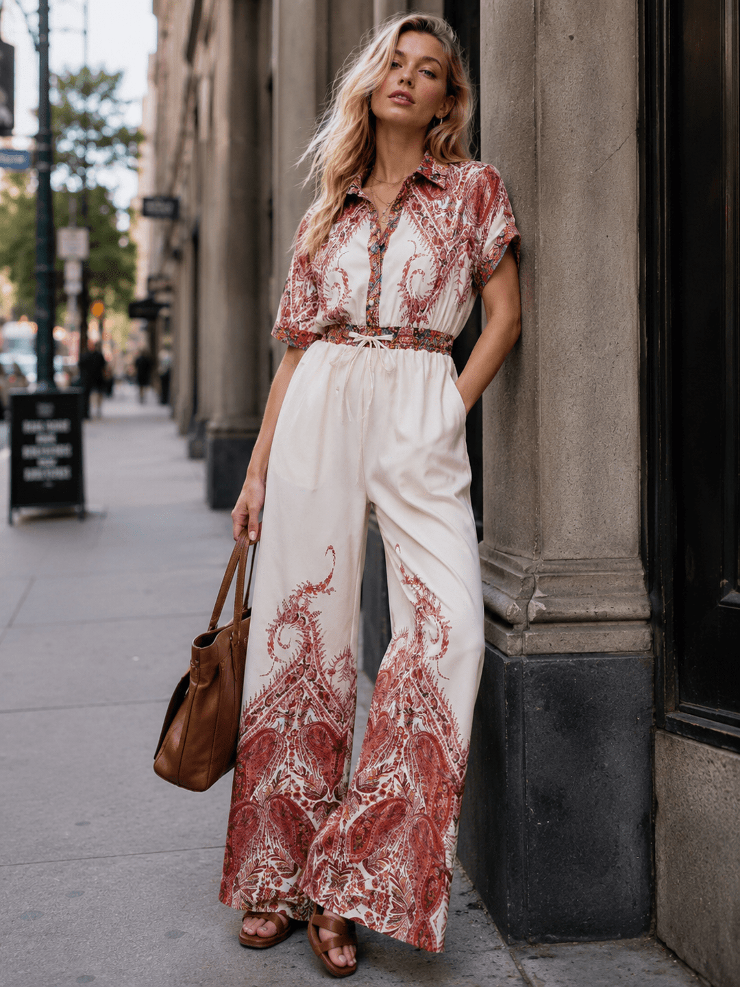 WOMEN'S SHORT SLEEVE FRONT POCKETS NUTTON UP WIDE LEG MULTI PRINT JUMPSUIT