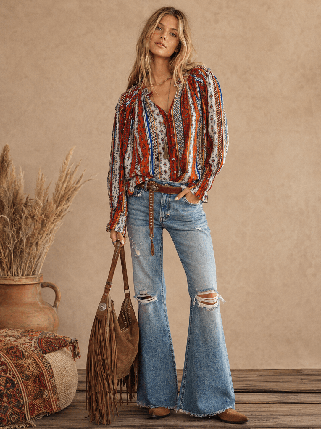 WOMEN'S LONG SLEEVE BUTTON UP V-NECK MULTI PRINT BLOUSE