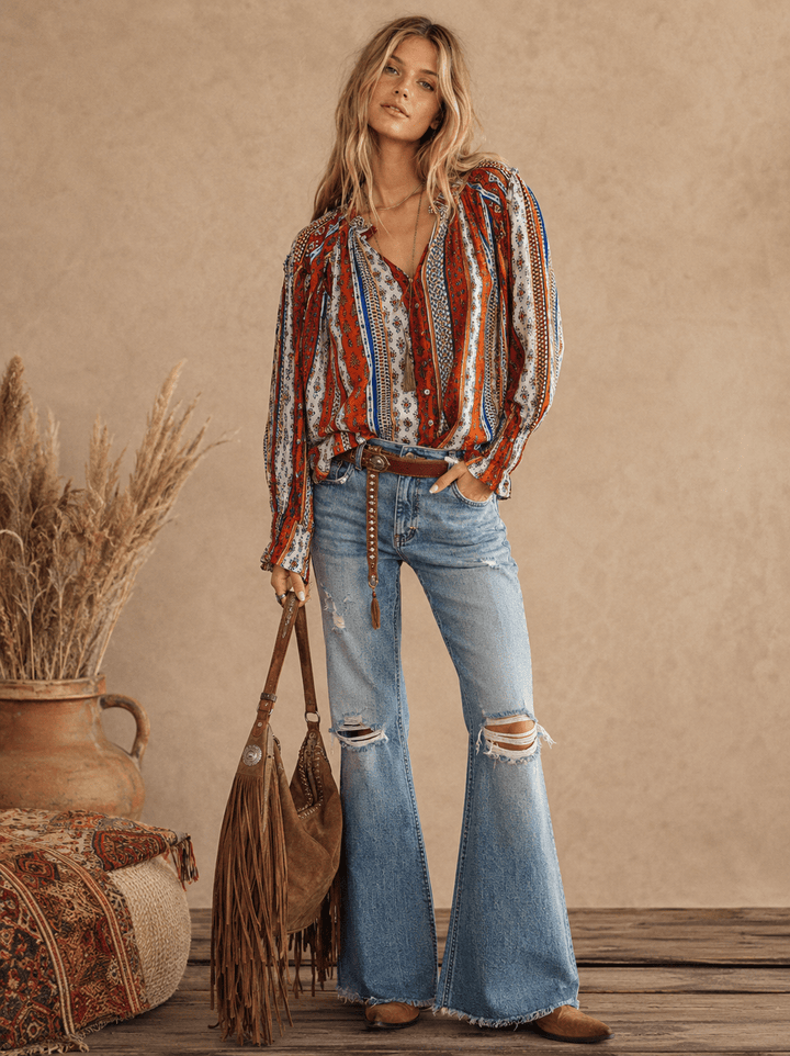WOMEN'S LONG SLEEVE BUTTON UP V-NECK MULTI PRINT BLOUSE