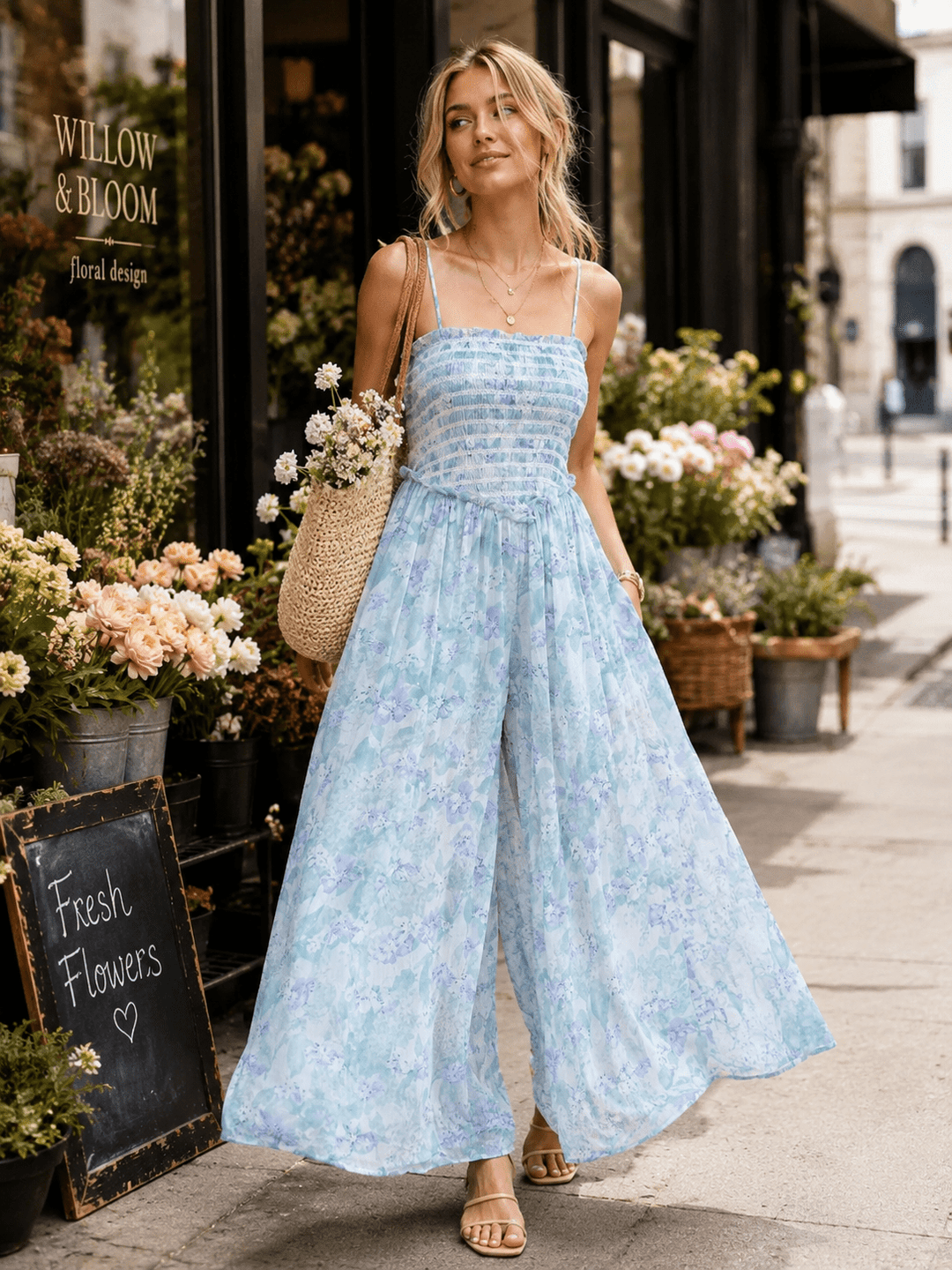 WOMEN'S SLEEVELESS FRONT POCKETS WIDE LEG SMOCK FLORAL JUMPSUIT