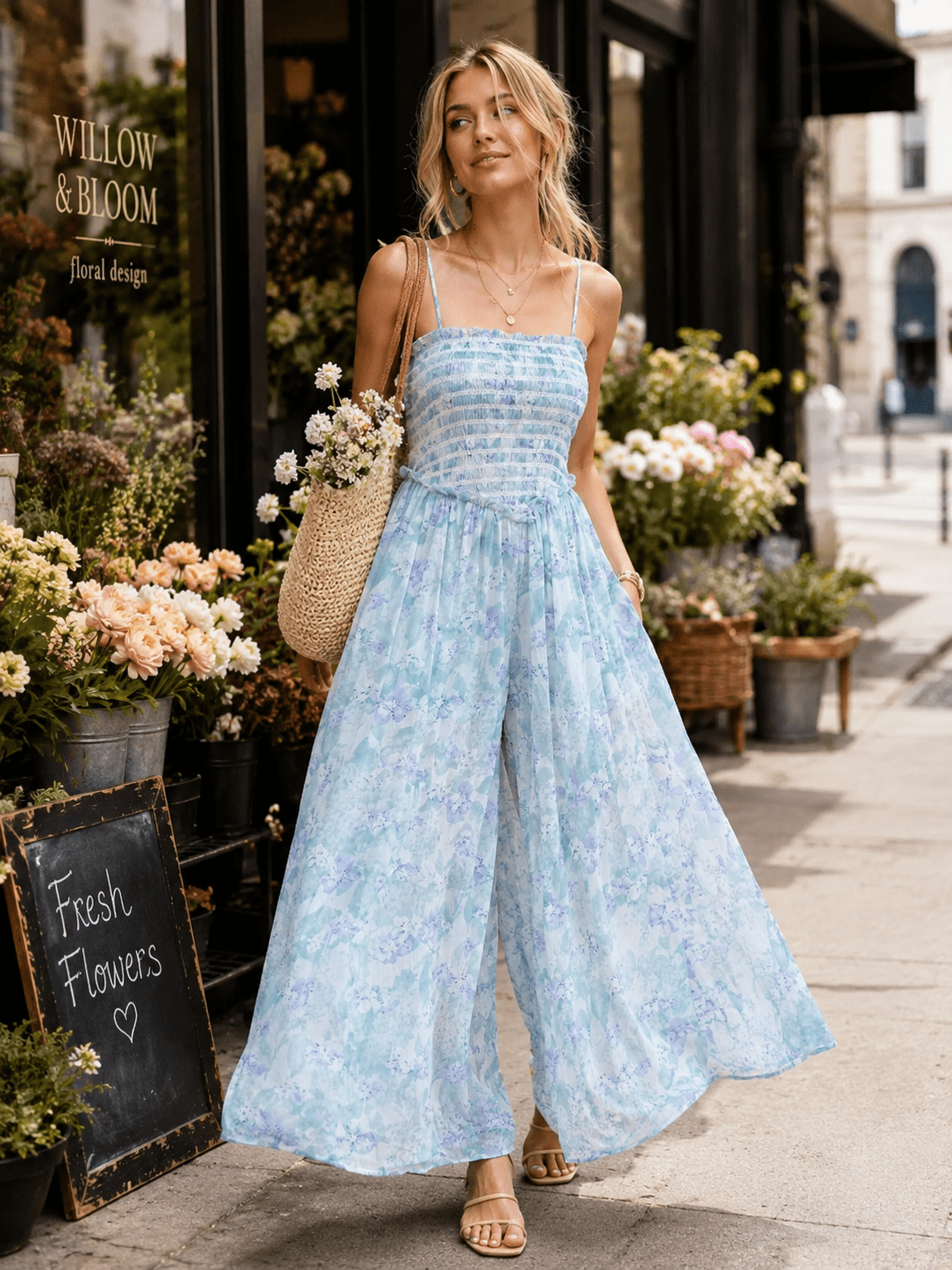 WOMEN'S SLEEVELESS FRONT POCKETS WIDE LEG SMOCK FLORAL JUMPSUIT