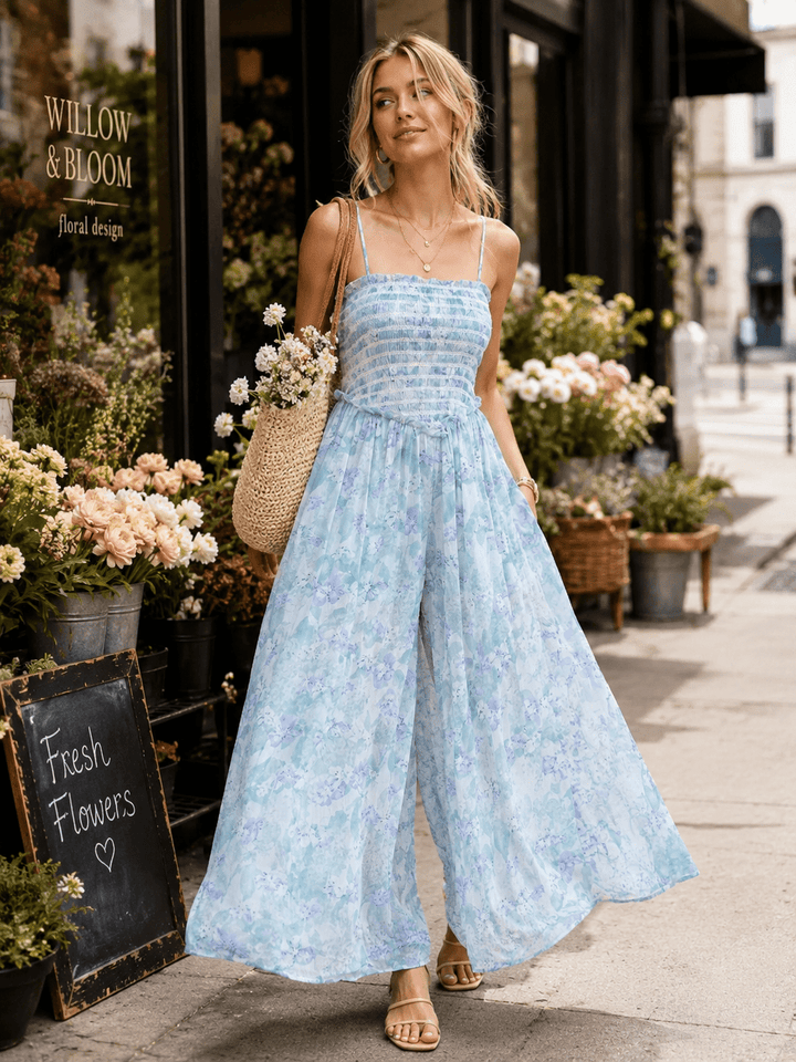 WOMEN'S SLEEVELESS FRONT POCKETS WIDE LEG SMOCK FLORAL JUMPSUIT
